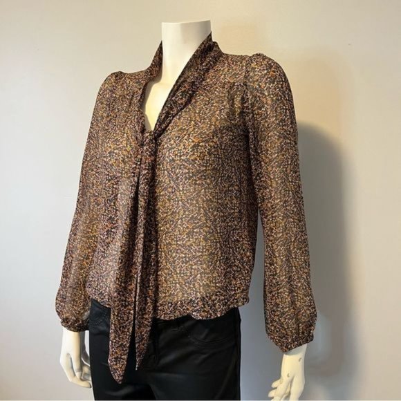 H&M abstract print tie front sheer blouse in size US 2 orange black tan, brown - Picture 2 of 7